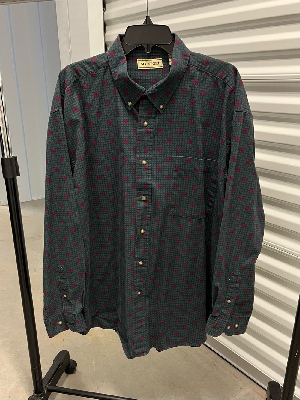 M.E. Sport Button Down Shirt Men's XXL Green Burgundy Houndstooth